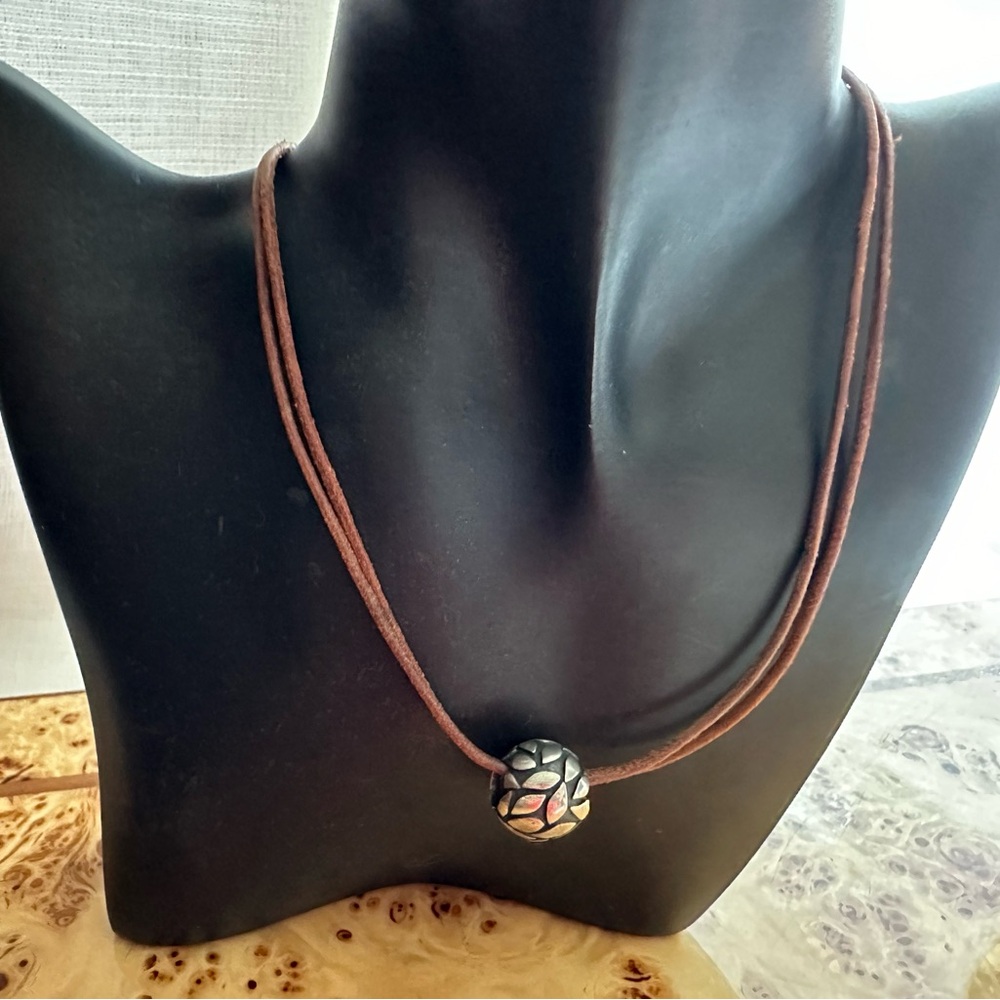 Silpada Sterling Silver Ornate Ball Pendant on Brown Leather Necklace 925
